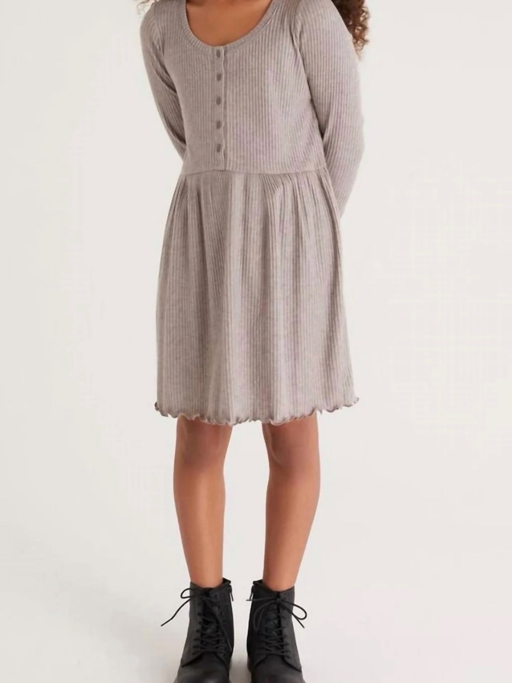Z Supply Claire Girls' Ribbed Long Sleeve Dress in Light Taupe/Gray